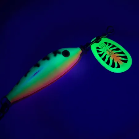 Vintage Blue Fox Vibrax Minnow Spin 1 UV, 1/8oz Fire Tiger spinning lure #6601