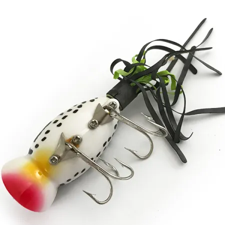 Vintage Fred Arbogast Hula Popper, 1/3oz White Tiger / Red fishing lure #6617