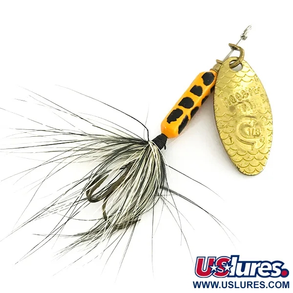Vintage  Yakima Bait Worden’s Original Rooster Tail, 1/8oz Gold / Black / Yellow spinning lure #7415