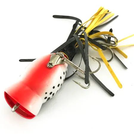 Vintage Fred Arbogast Hula Popper, 1/4oz White Leopard / Red fishing lure #7428