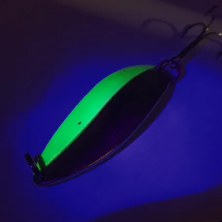 Vintage Seneca Little Cleo (Hula Girl) UV, 3/4oz Nickel / Green fishing spoon #7504