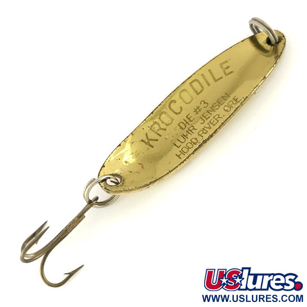 Vintage  Luhr Jensen Krocodile Die #3, 1/2oz Hammered Brass / Red fishing spoon #7567