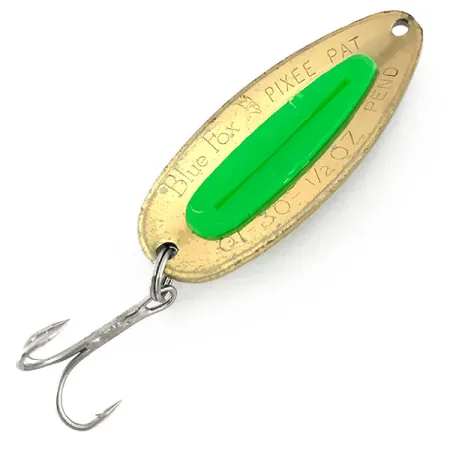 Vintage Blue Fox Pixee UV, 1/2oz Gold / Green fishing spoon #7612