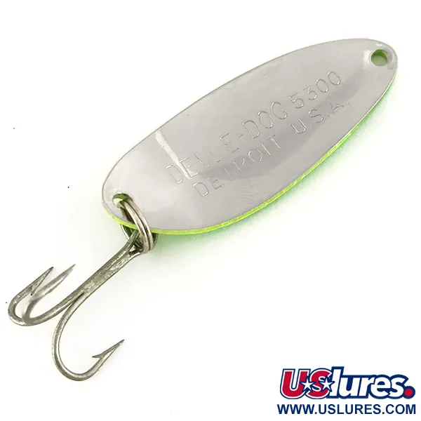  Eppinger Dardevle Devle Dog 5300 UV, 1/3oz Yellow / Green / Nickel fishing spoon #7636