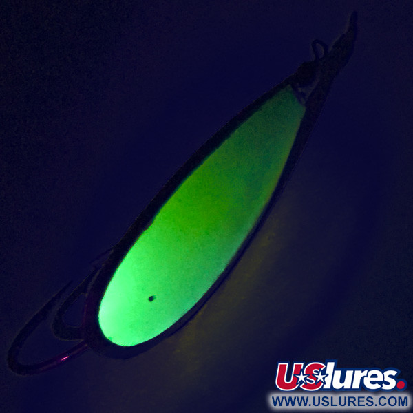 Vintage   Weedless Johnson Silver Minnow UV, 2/5oz Silver / Chartreuse / UV Glow in UV light, Fluorescent fishing spoon #7711