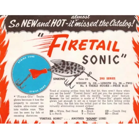 Vintage Heddon FIRETAIL SONIC series #395, 1/3oz WHITE Spotted COACHDOG fishing lure #7840