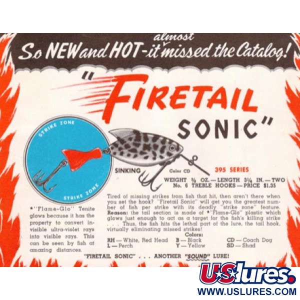Vintage   Heddon FIRETAIL SONIC series #395, 1/3oz WHITE Spotted COACHDOG fishing lure #7840