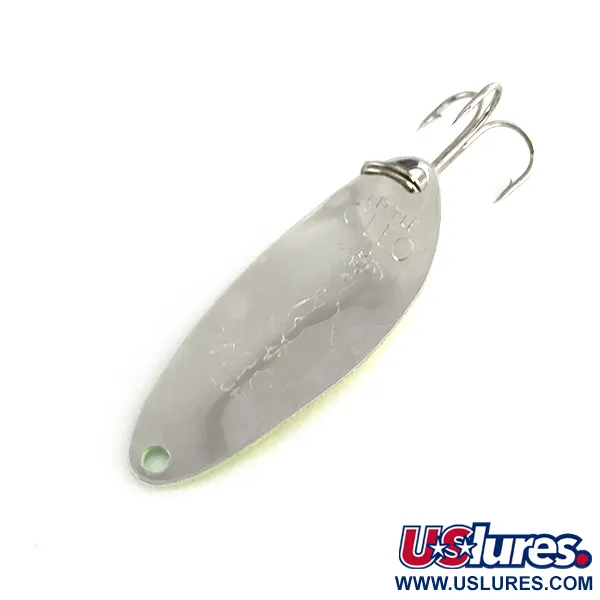Vintage  Seneca Little Cleo (Hula Girl) trolling spoon UV, 1/8oz Yellow / Green / Nickel UV Glow in UV light, Fluorescent fishing spoon #7929
