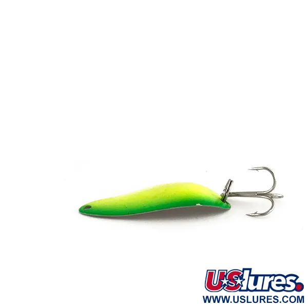 Vintage  Seneca Little Cleo (Hula Girl) trolling spoon UV, 1/8oz Yellow / Green / Nickel UV Glow in UV light, Fluorescent fishing spoon #7929
