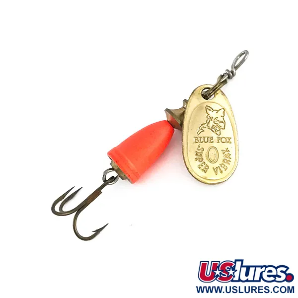 Vintage Blue Fox Super Vibrax 0, 1/8oz Gold / Fluorescent Orange spinning lure #7982