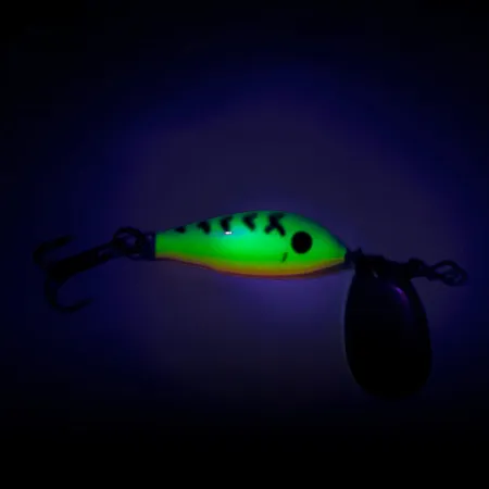 Vintage Blue Fox Vibrax Minnow Spin 1 UV, 1/8oz Fire Tiger spinning lure #8062