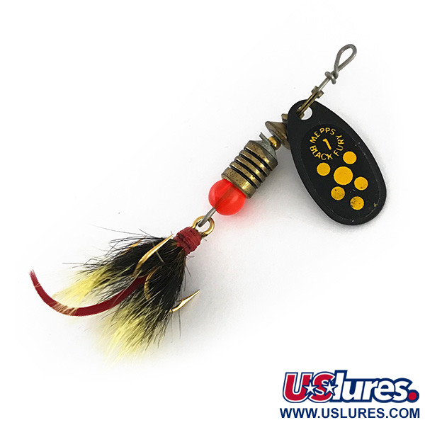 Vintage   Mepps Black Fury 1 Dressed (squirrel tail), 1/8oz Black / Yellow spinning lure #8144
