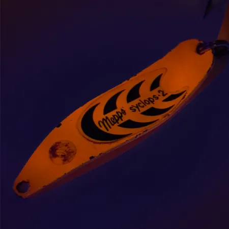 Vintage Mepps Syclops 2 UV, 3/5oz Orange / Black fishing spoon #8247