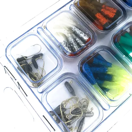 Kit Creme Maxi Tail 100pcs & 19 jig heads, Blue / Red / Yellow / Green / Silver / Gold / Black / Brown fishing #8368