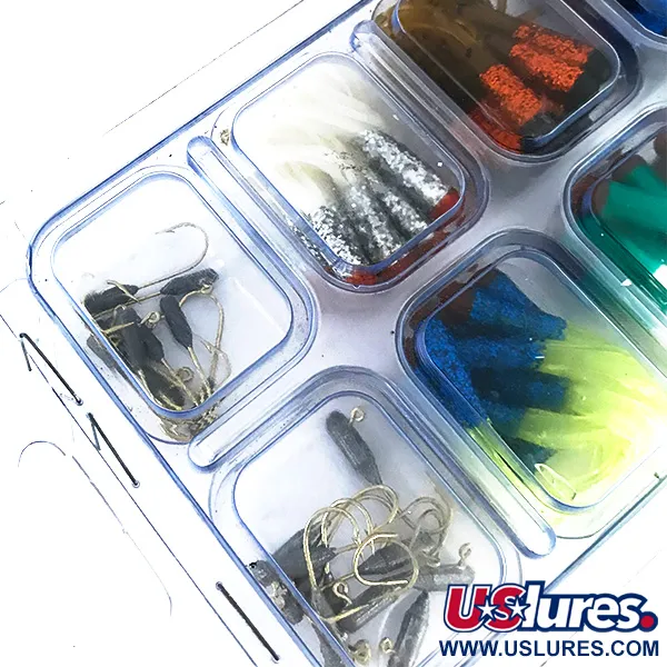 Kit Creme Maxi Tail 100pcs & 19 jig heads, Blue / Red / Yellow / Green / Silver / Gold / Black / Brown fishing #8368