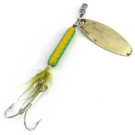 Vintage Luhr Jensen Bang Tail, 3/5oz Gold / Yellow / Green spinning lure #8411
