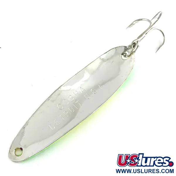 Vintage   Wolverine tackle Cobra UV, 1/2oz Hammered Nickel / Chartreuse fishing spoon #8514