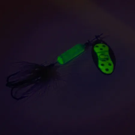Vintage Yakima Bait Worden’s Original Rooster Tail, 1/8oz Green / Chartreuse spinning lure #8538