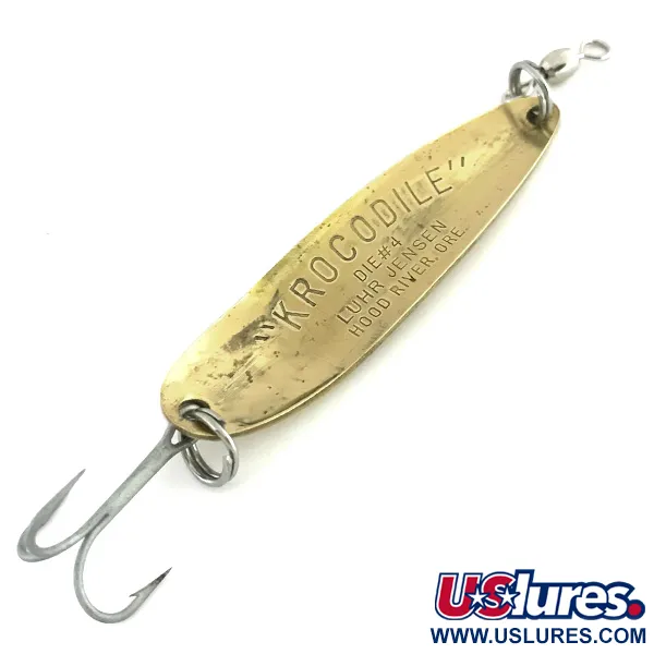 Vintage  Luhr Jensen Krocodile Die #4, 1/2oz Hammered Brass / Orange fishing spoon #8575