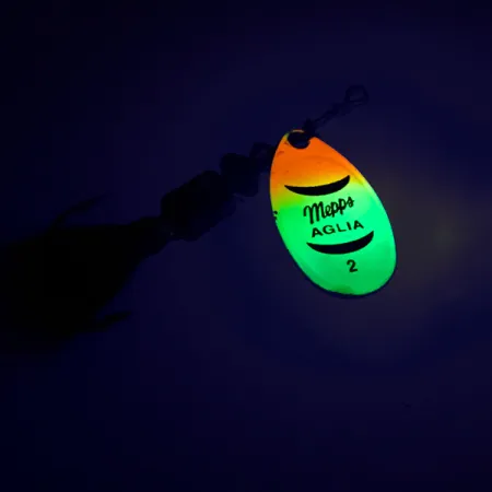 Vintage Mepps Aglia 2 dressed - squirrel tail, 3/16oz Rainbow spinning lure #8583