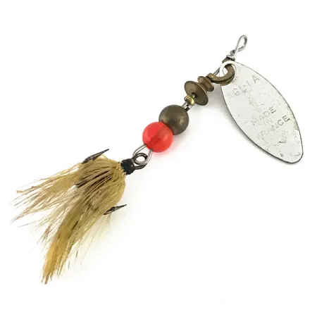 Vintage Mepps Aglia Long 0 Dressed, 3/32oz Nickel / Golden Glitter spinning lure #8809