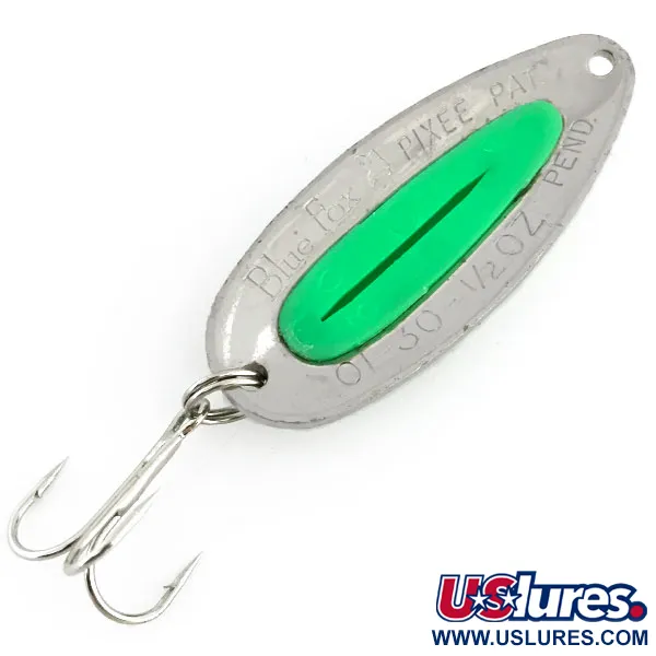 Vintage Blue Fox Pixee UV, 1/2oz Hammered Nickel / Green fishing spoon #8876