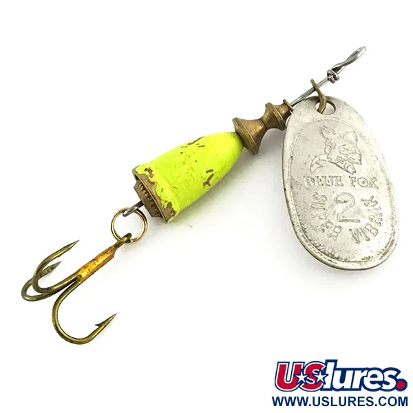 Vintage Blue Fox Super Vibrax 2 UV, 3/16oz Silver / Chartreuse spinning lure #8969