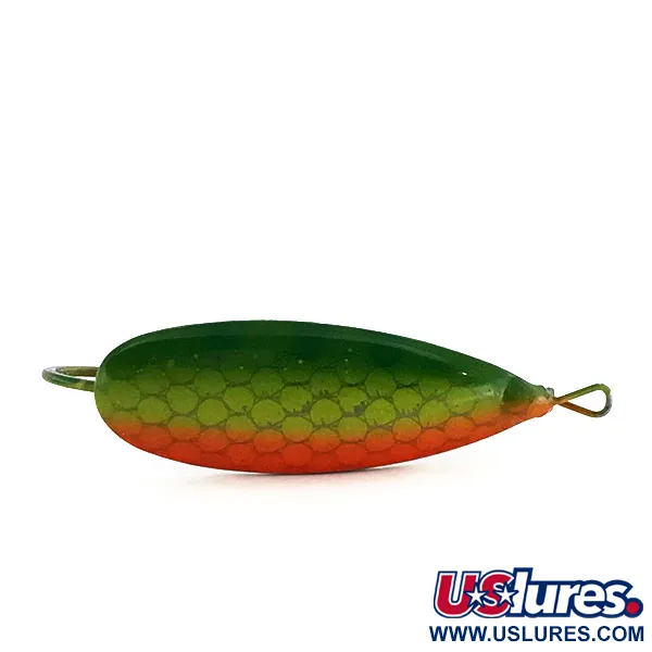Vintage Weedless Johnson Silver Minnow, 1/3oz Green / Orange / Nickel fishing spoon #9045