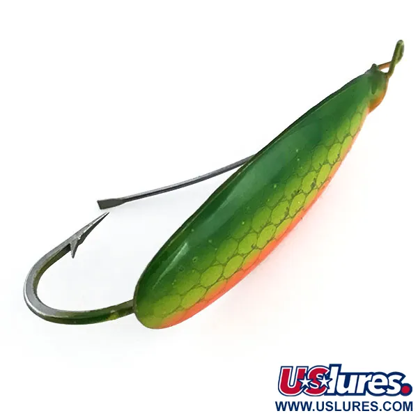 Vintage Weedless Johnson Silver Minnow, 1/3oz Green / Orange / Nickel fishing spoon #9045