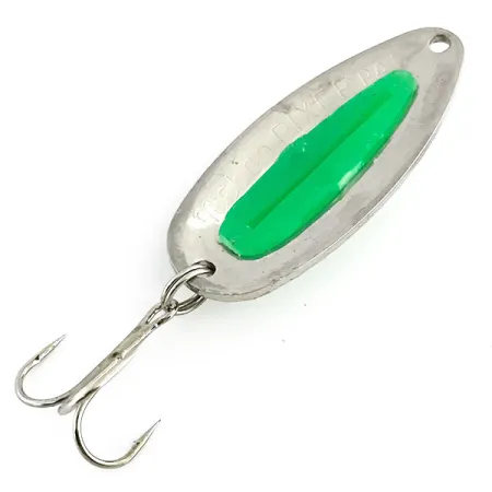 Vintage Nebco Pixee UV, 1/2oz Hammered Nickel / Green fishing spoon #9050