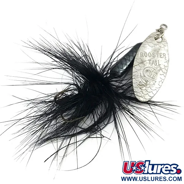 Vintage  Yakima Bait Worden’s Original Rooster Tail, 1/8oz Silver / Black spinning lure #9209