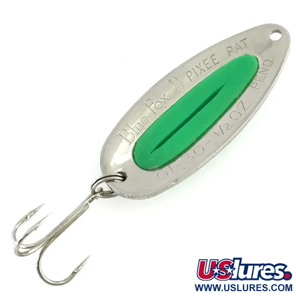 Vintage   Blue Fox Pixee UV, 1/2oz Hammered Nickel / Green fishing spoon #9412