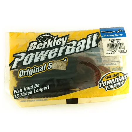 Vintage Berkley Powerbait Power Worm 7pcs soft bait, Pumpkinseed fishing #9661